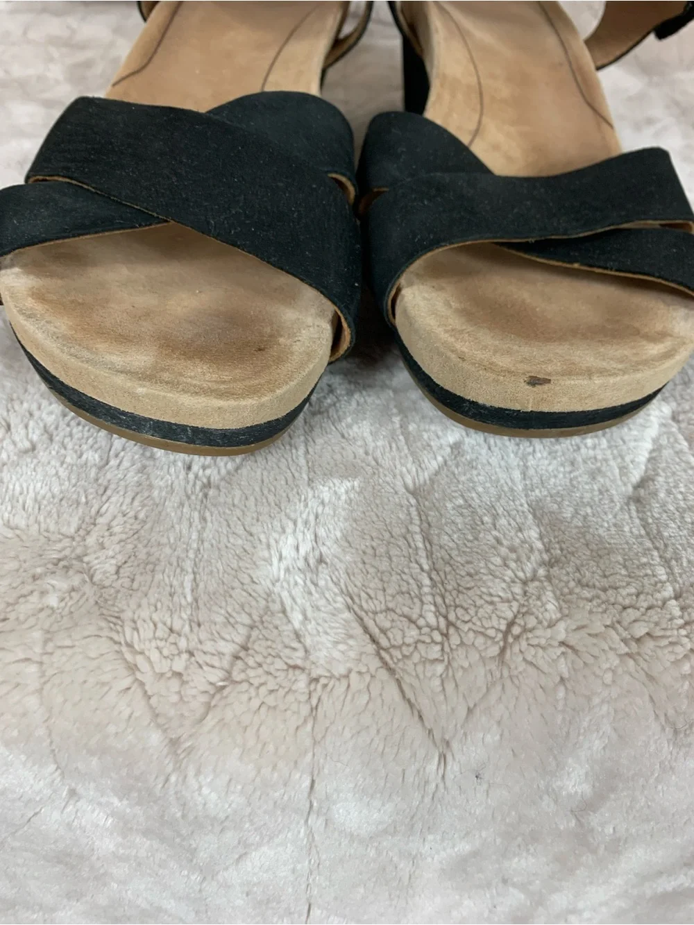 Women's Ugg Black Veva Leather Low Wedge Ankle Strap Open Toe Sandals Size 10